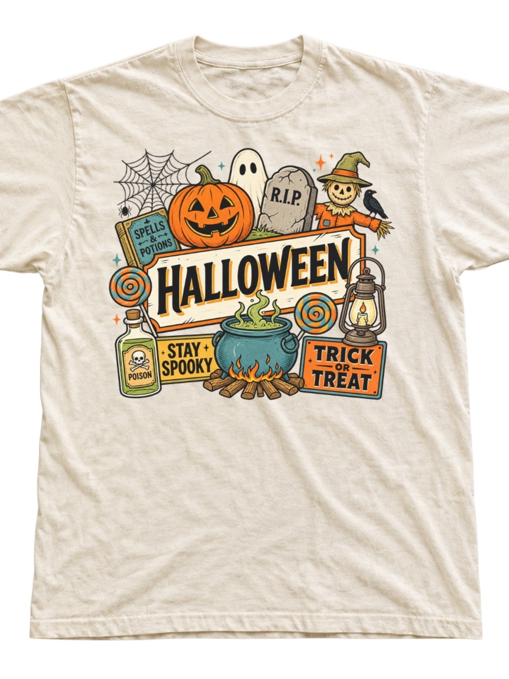 Unisex Tee Shirt | Off White Halloween Graphic Tee with Orange & Black Accents